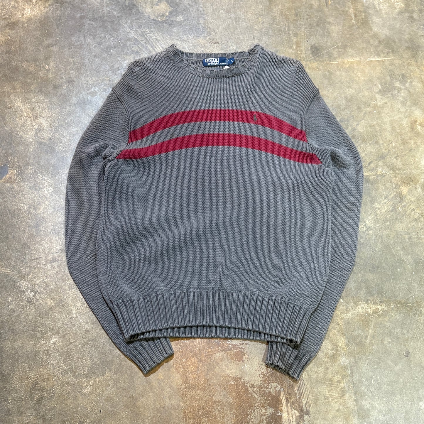 Polo Ralph Lauren Gray Knit Sweater with Red Stripe (L)