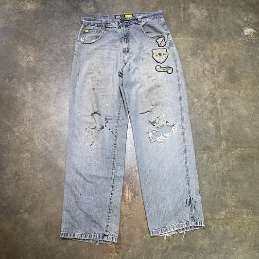Distressed Gray Jeans with Patches