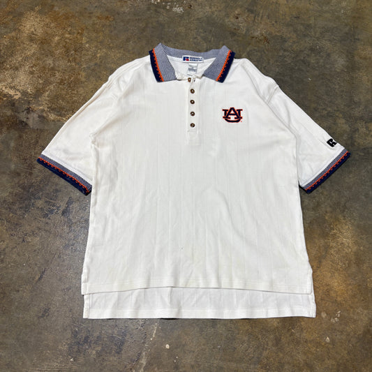 White Auburn Navy Stripe Collar Polo