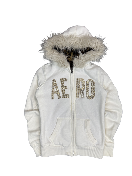 Y2K Aeropostale Faux Fur Hood Zip Hoodie (S)