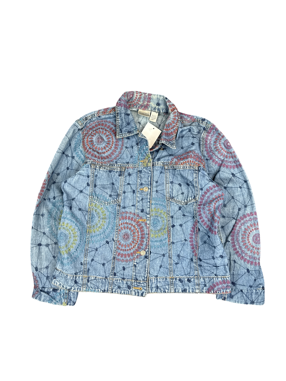 Embroidered Chico's Denim Jacket with Mandala Pattern (M)