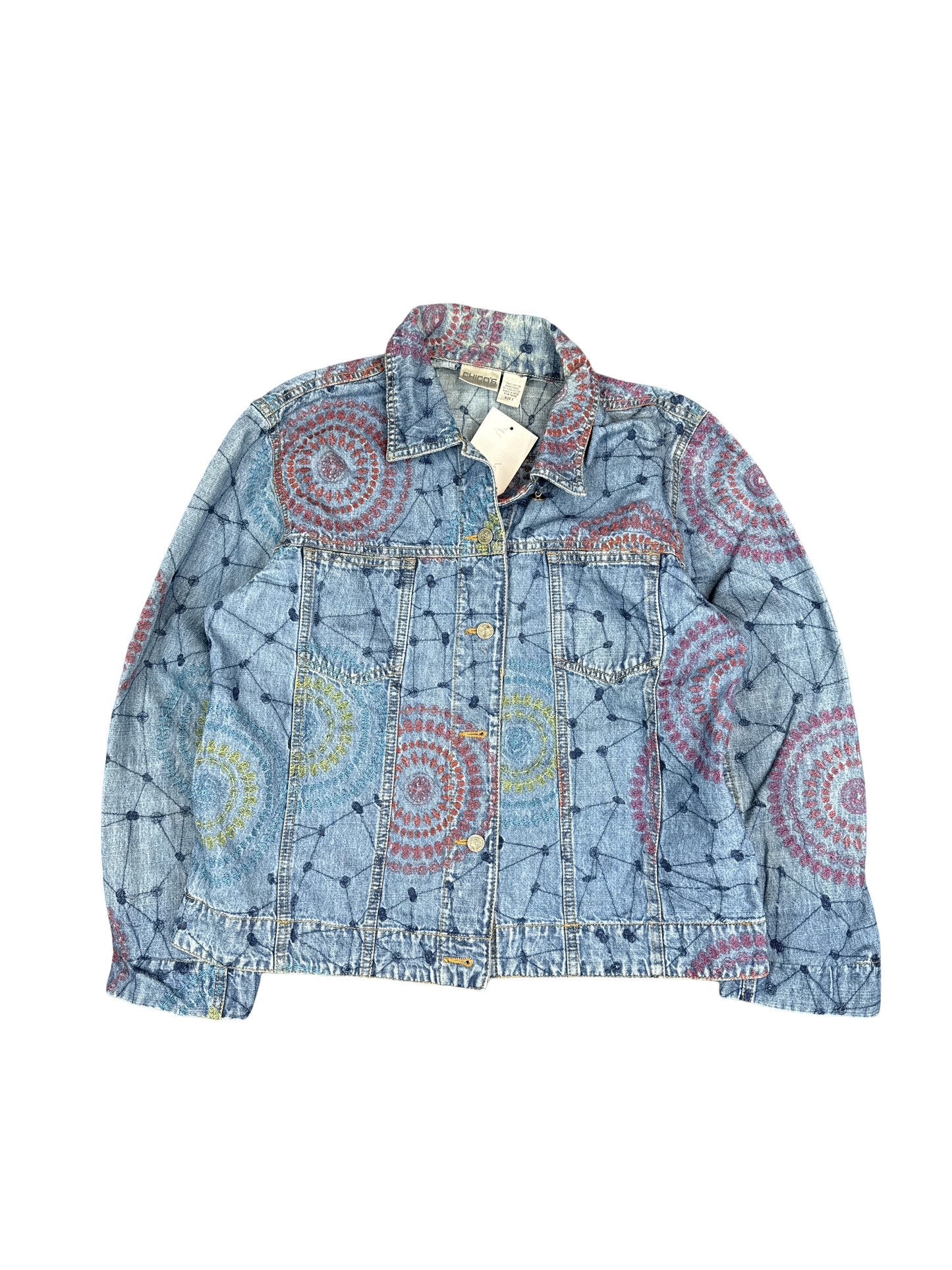 Embroidered Chico's Denim Jacket with Mandala Pattern (M)