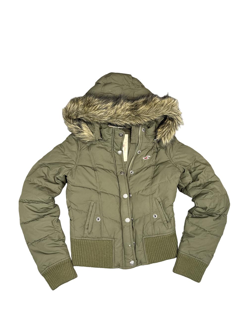 Hollister Olive Puffer Jacket with Faux Fur Hood (M)