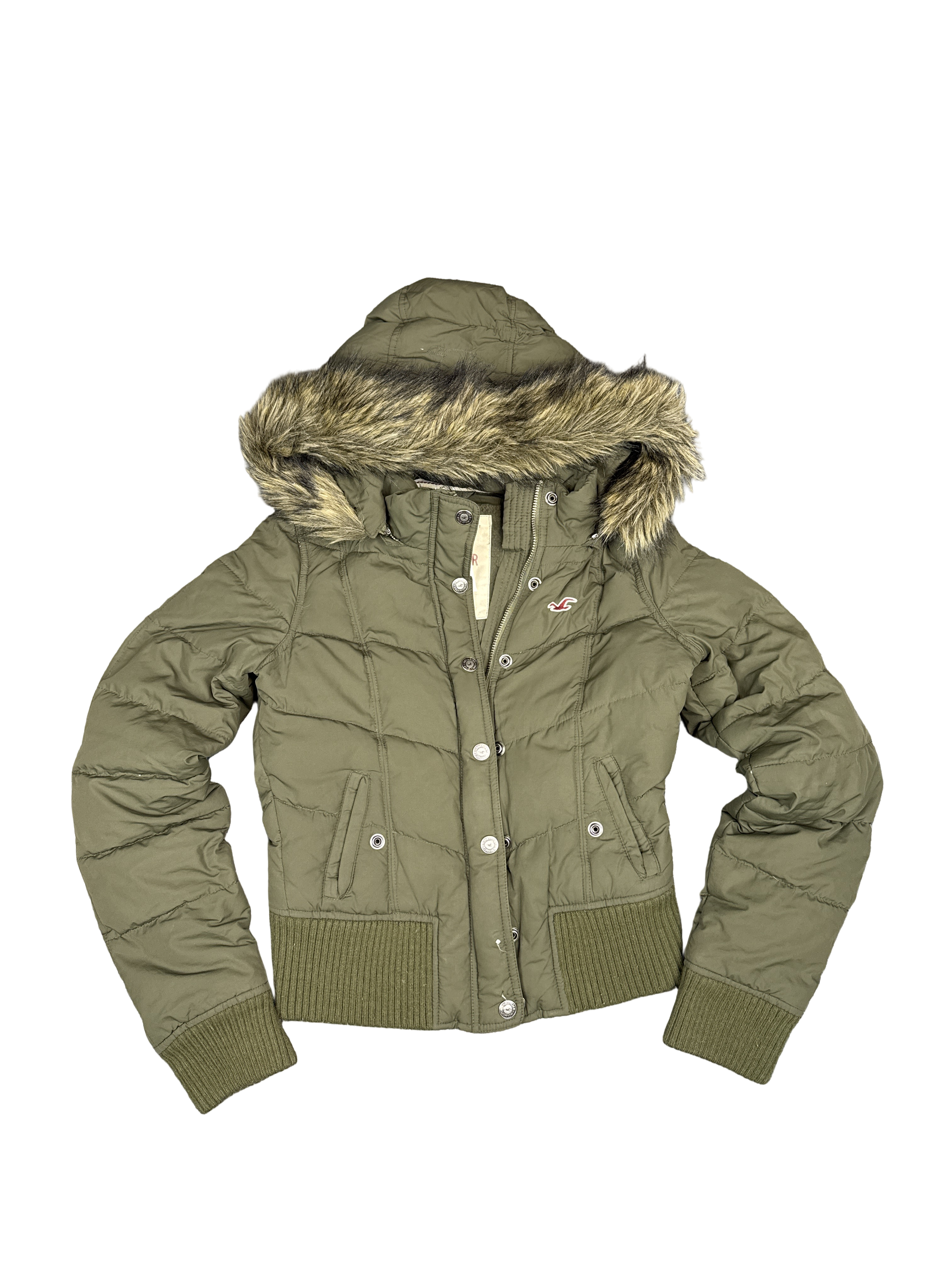 Hollister Olive Puffer Jacket with Faux Fur Hood (M)