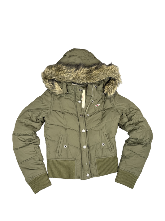 Hollister Olive Puffer Jacket with Faux Fur Hood (M)