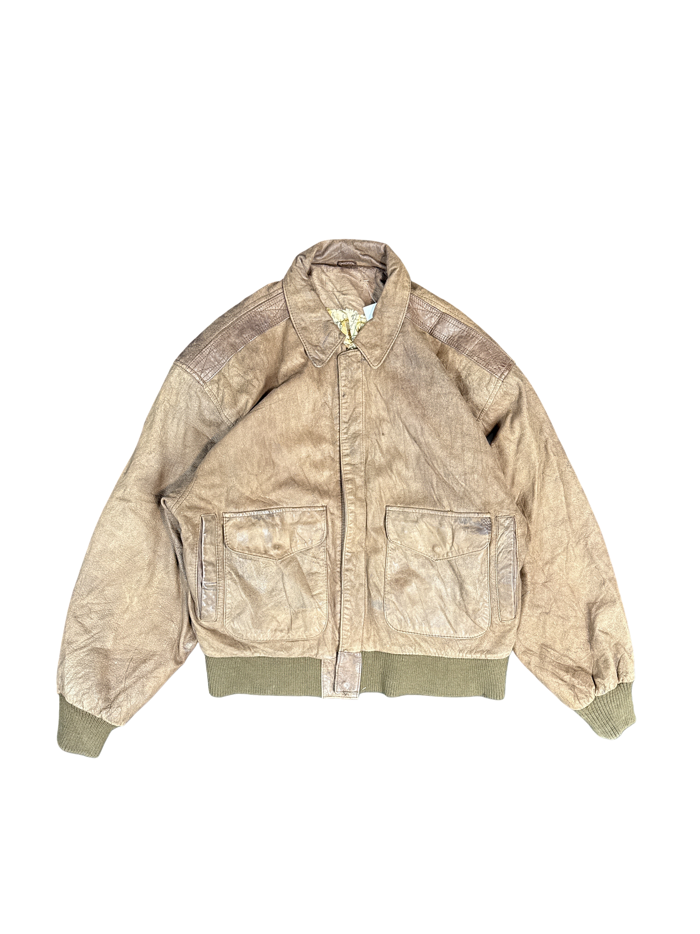 Retro Brown Leather Bomber Jacket (L)