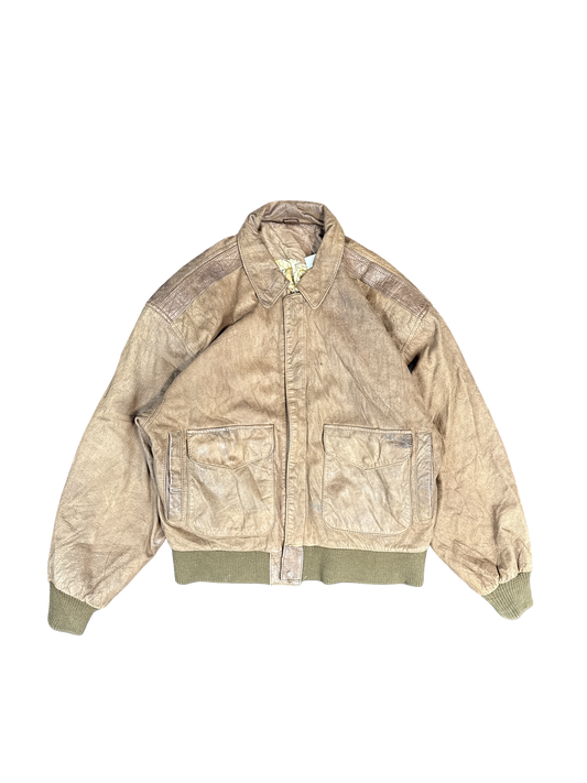 Retro Brown Leather Bomber Jacket (L)