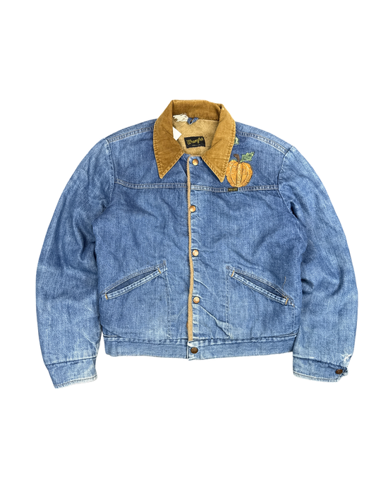 1970s Wrangler Sherpa Lined Denim Jacket with Pumpkin Embroidery (S)