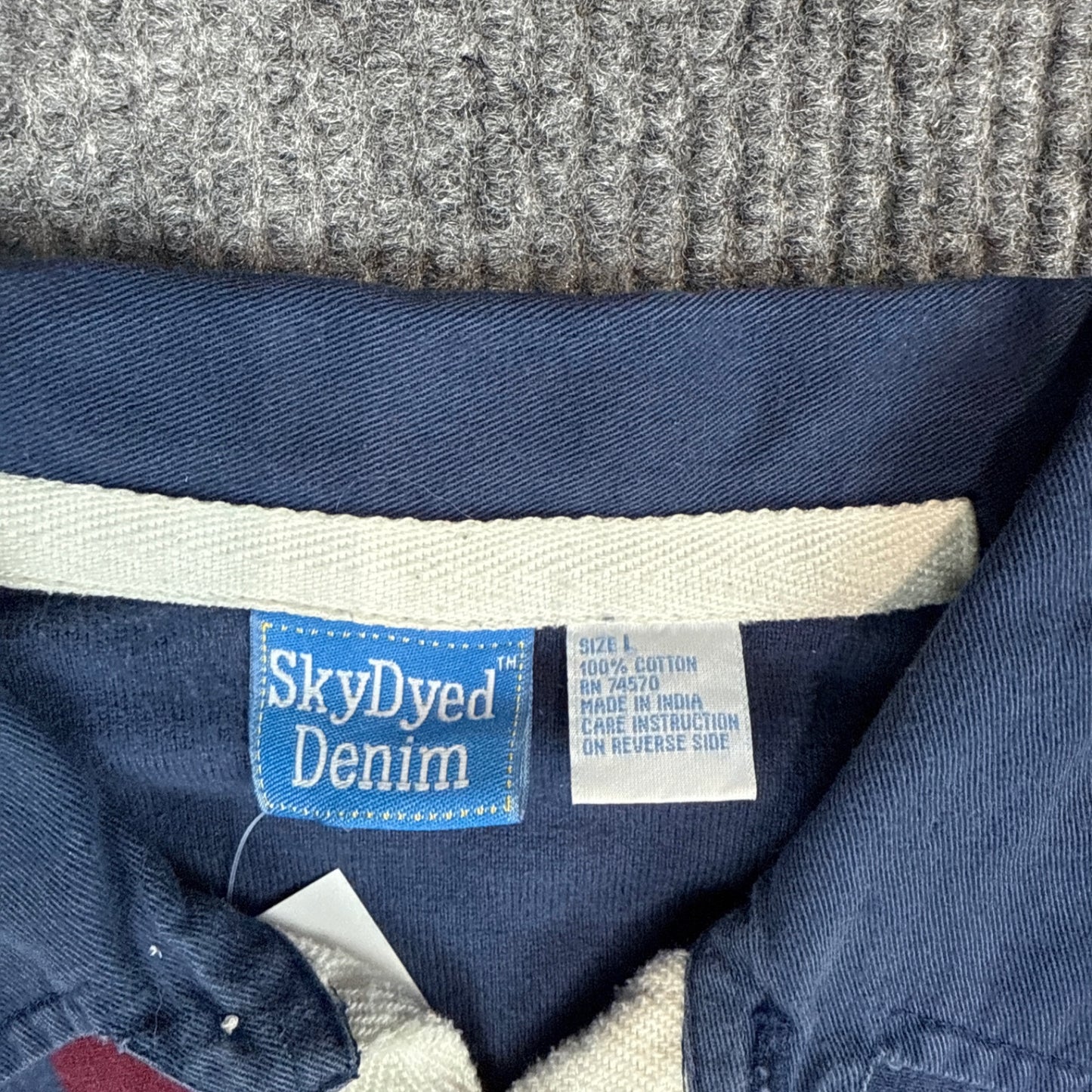 SkyDyed Denim Rugby Shirt - Navy Blue & Burgundy (L)
