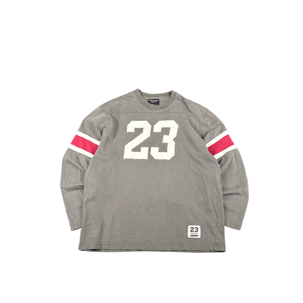 American Eagle Outfitters 23 Graphic Jersey - Taupe with Red and White Stripes (L)