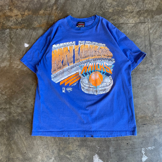 Blue Knicks Cracked Letter Tee