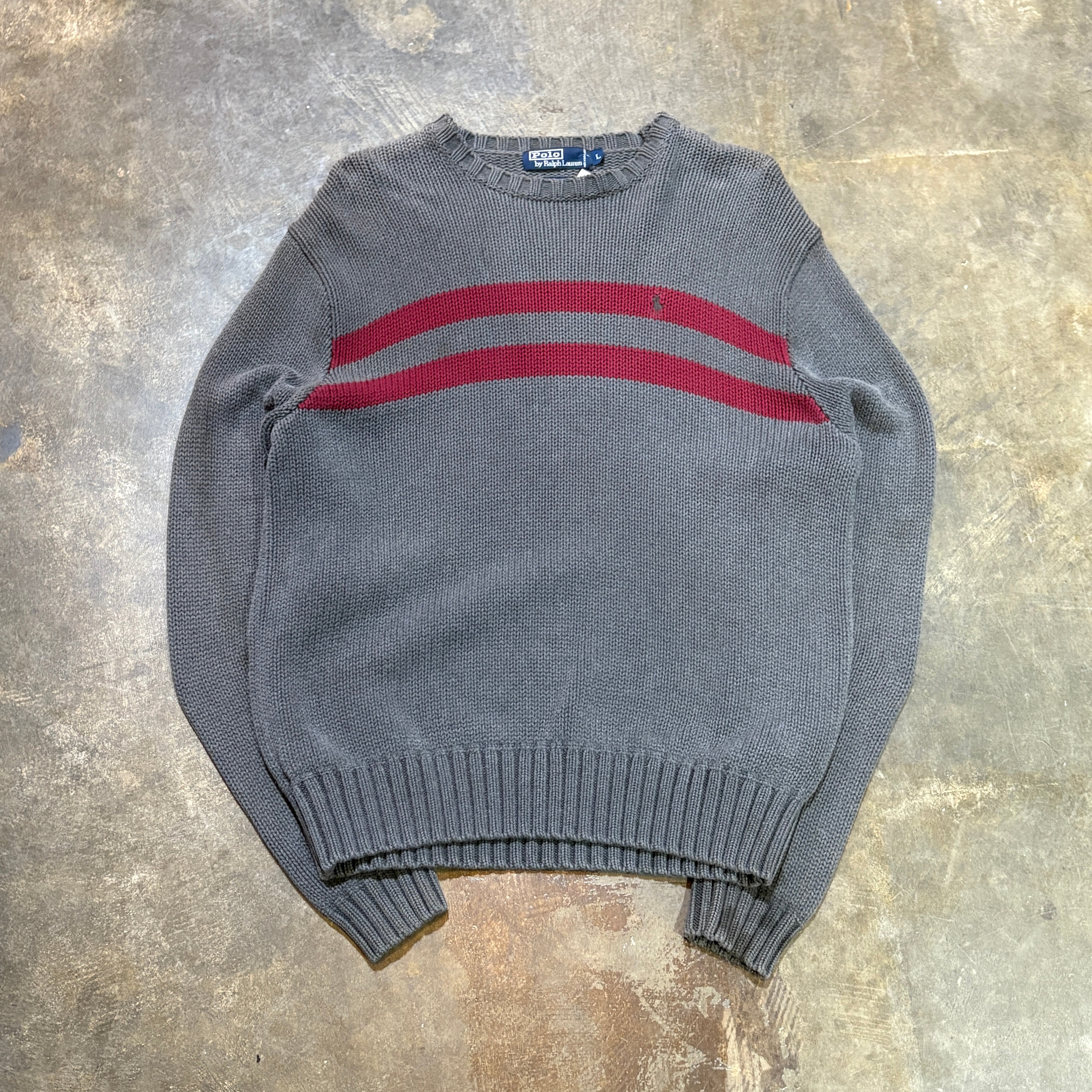 Polo Ralph Lauren Gray Knit Sweater with Red Stripe (L)