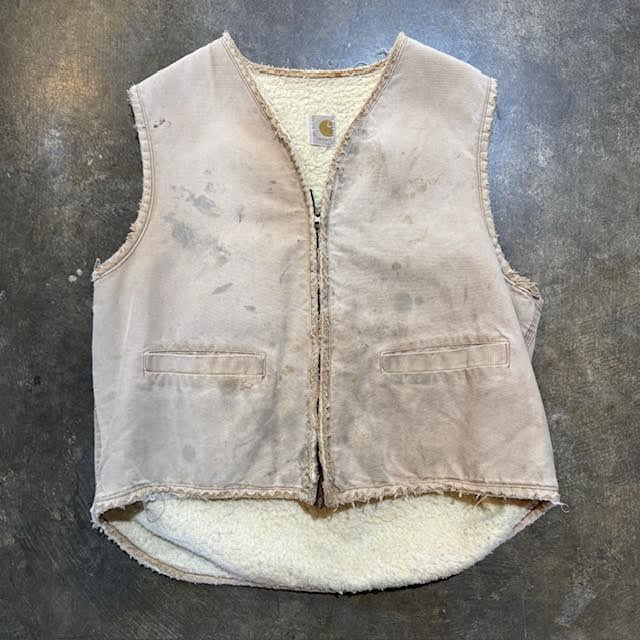 Carhartt Thrashed Tan Canvas Sherpa-Lined Vest