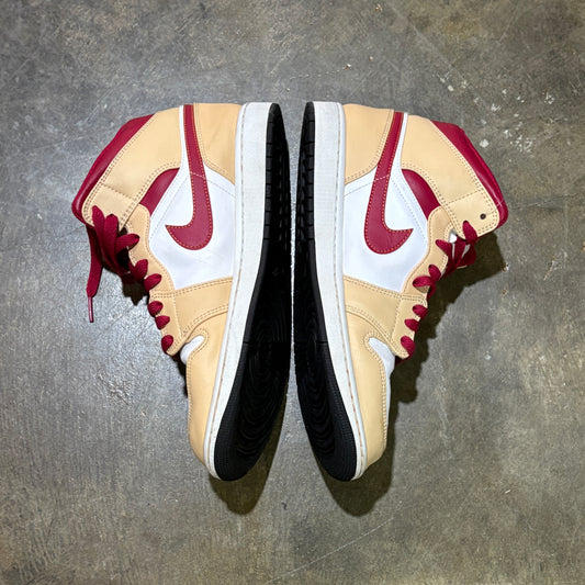 Jordan 1 Mid Light Curry Cardinal No Box