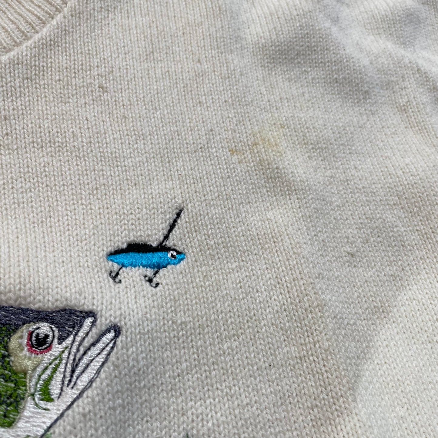 Embroidered FIshing Cream Crewneck Sweater