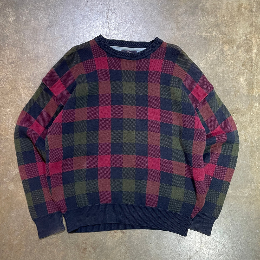 1990s Woods & Gray Plaid Knit Pullover (L)
