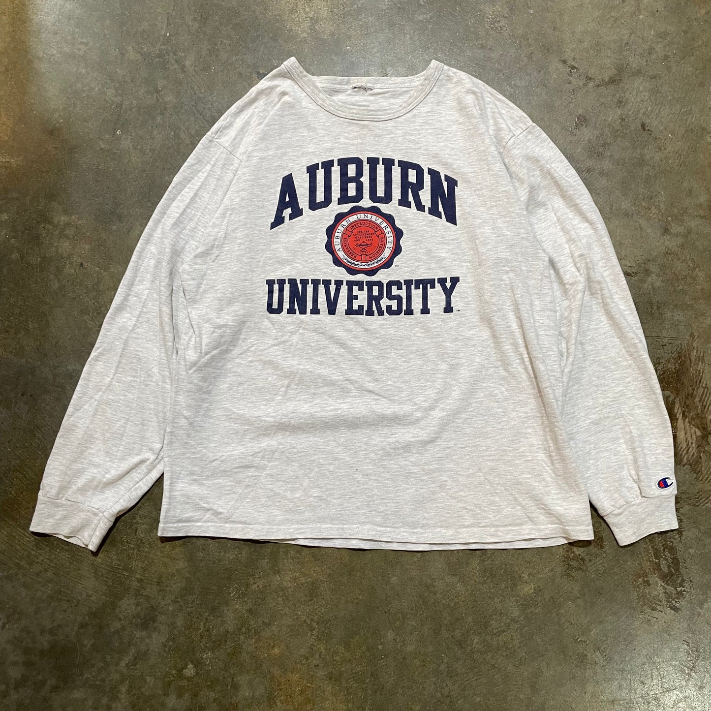 Grey Auburn Navy Blue Spelling With Center Crest Long Sleeve Tee