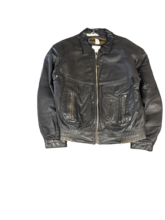 1990s Weekends Black Leather Bomber Jacket (M)