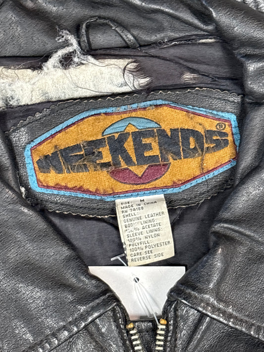 1990s Weekends Black Leather Bomber Jacket (M)