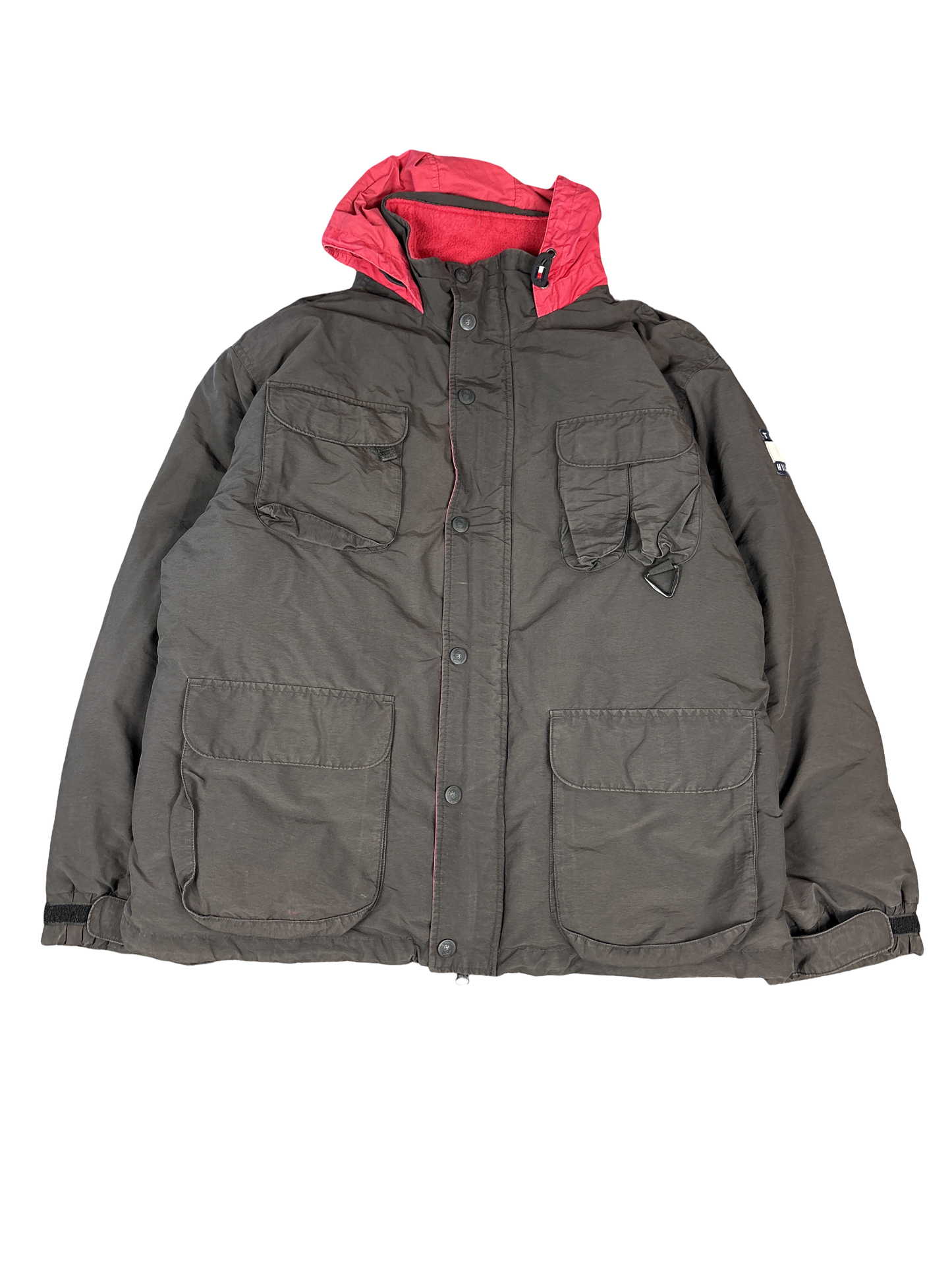 1990s Tommy Hilfiger Brown Red Hooded Jacket (XL)