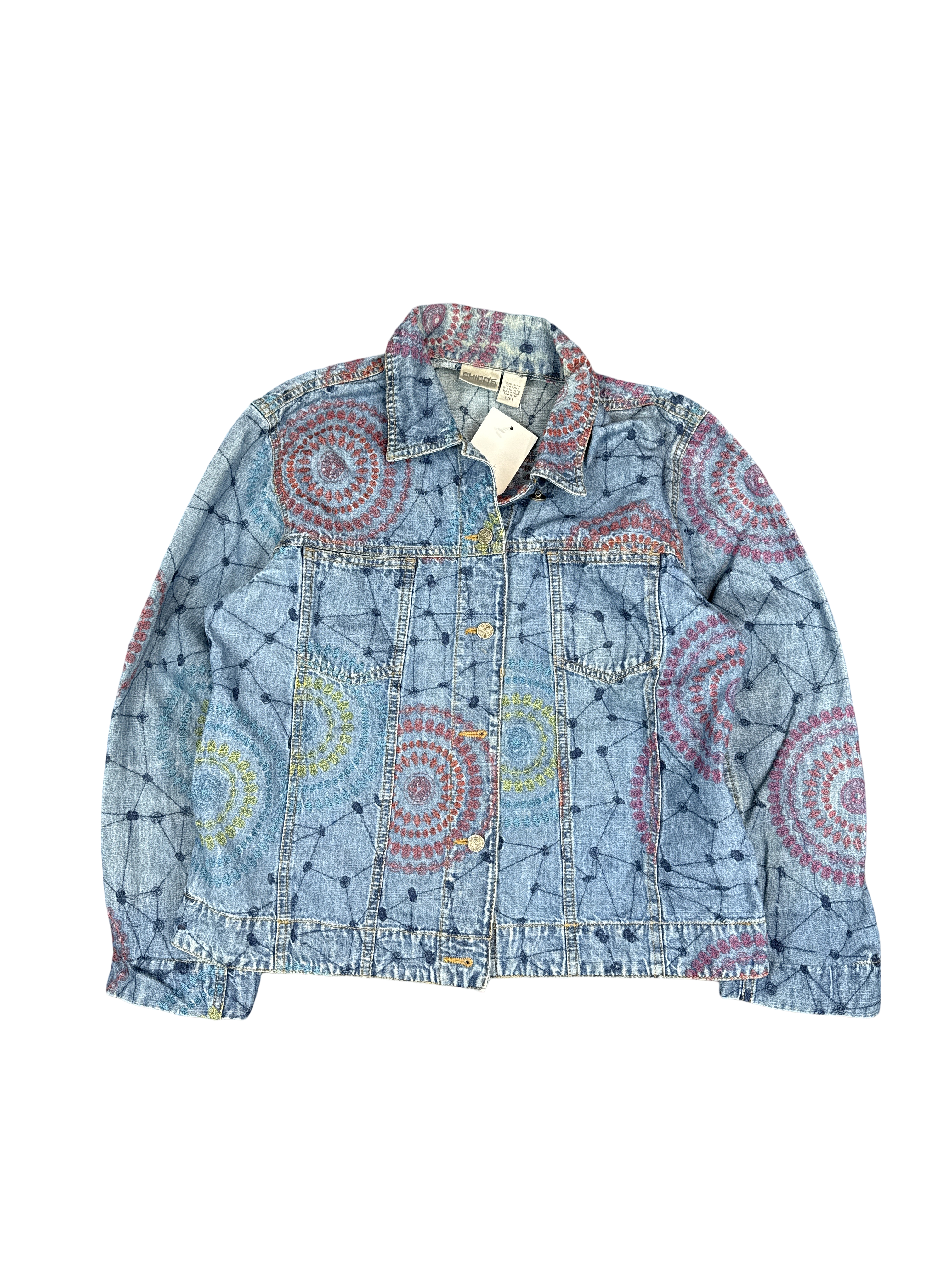 Embroidered Chico's Denim Jacket with Mandala Pattern (M)