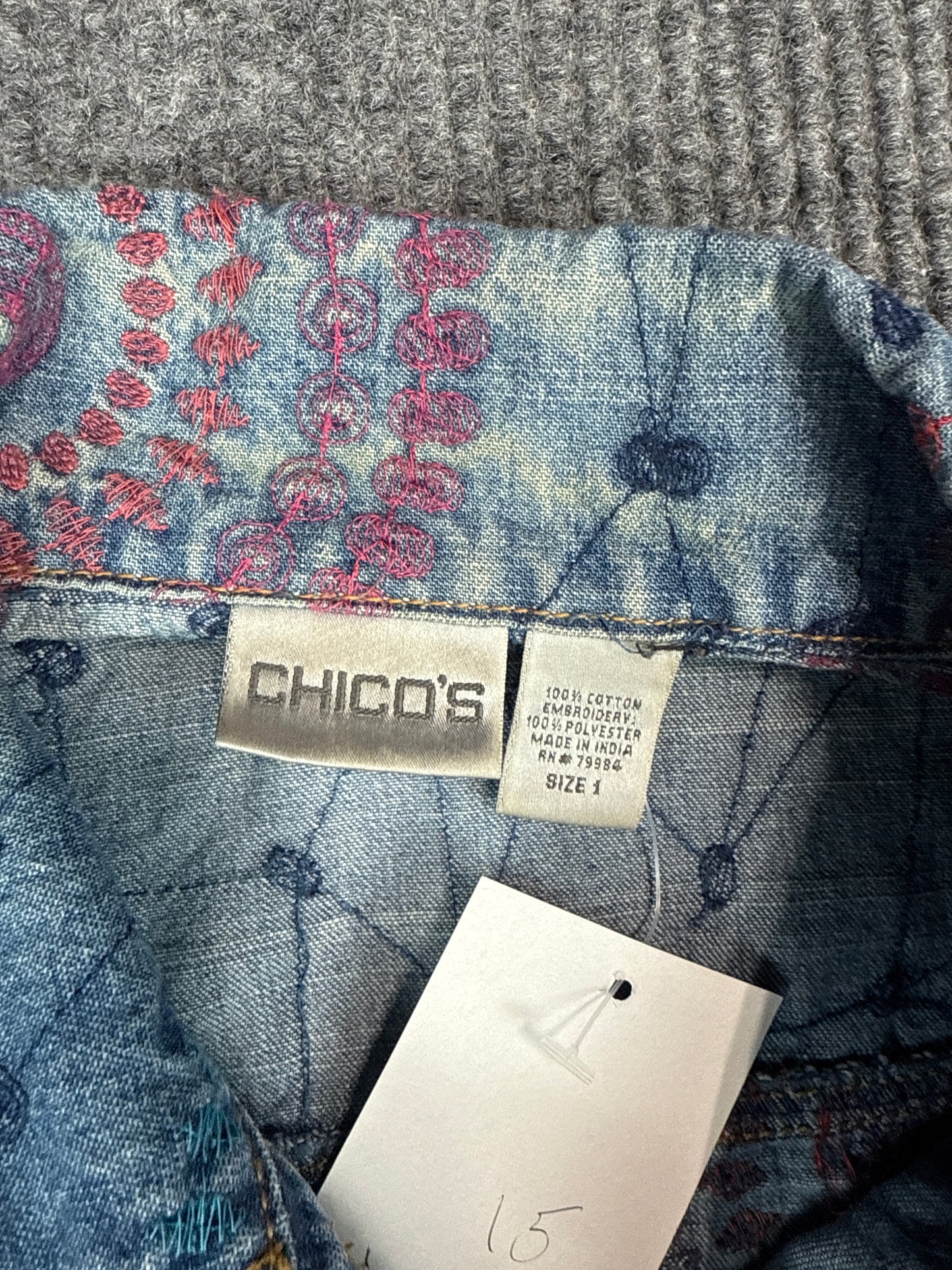 Embroidered Chico's Denim Jacket with Mandala Pattern (M)