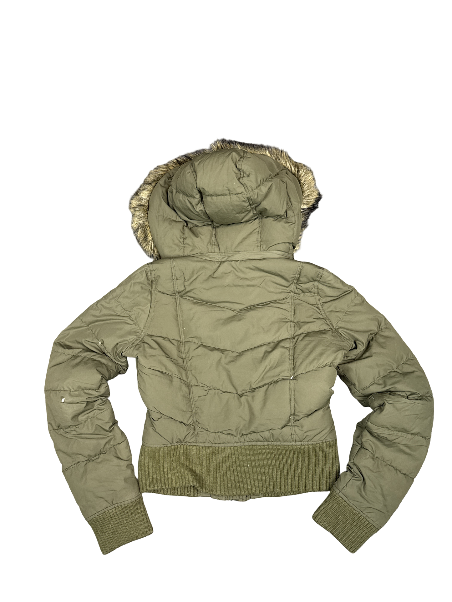 Hollister Olive Puffer Jacket with Faux Fur Hood (M)