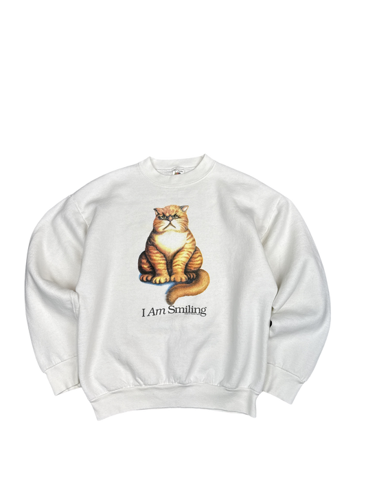 1990s Fruit of the Loom 'I Am Smiling' Cat Graphic Sweatshirt (L)