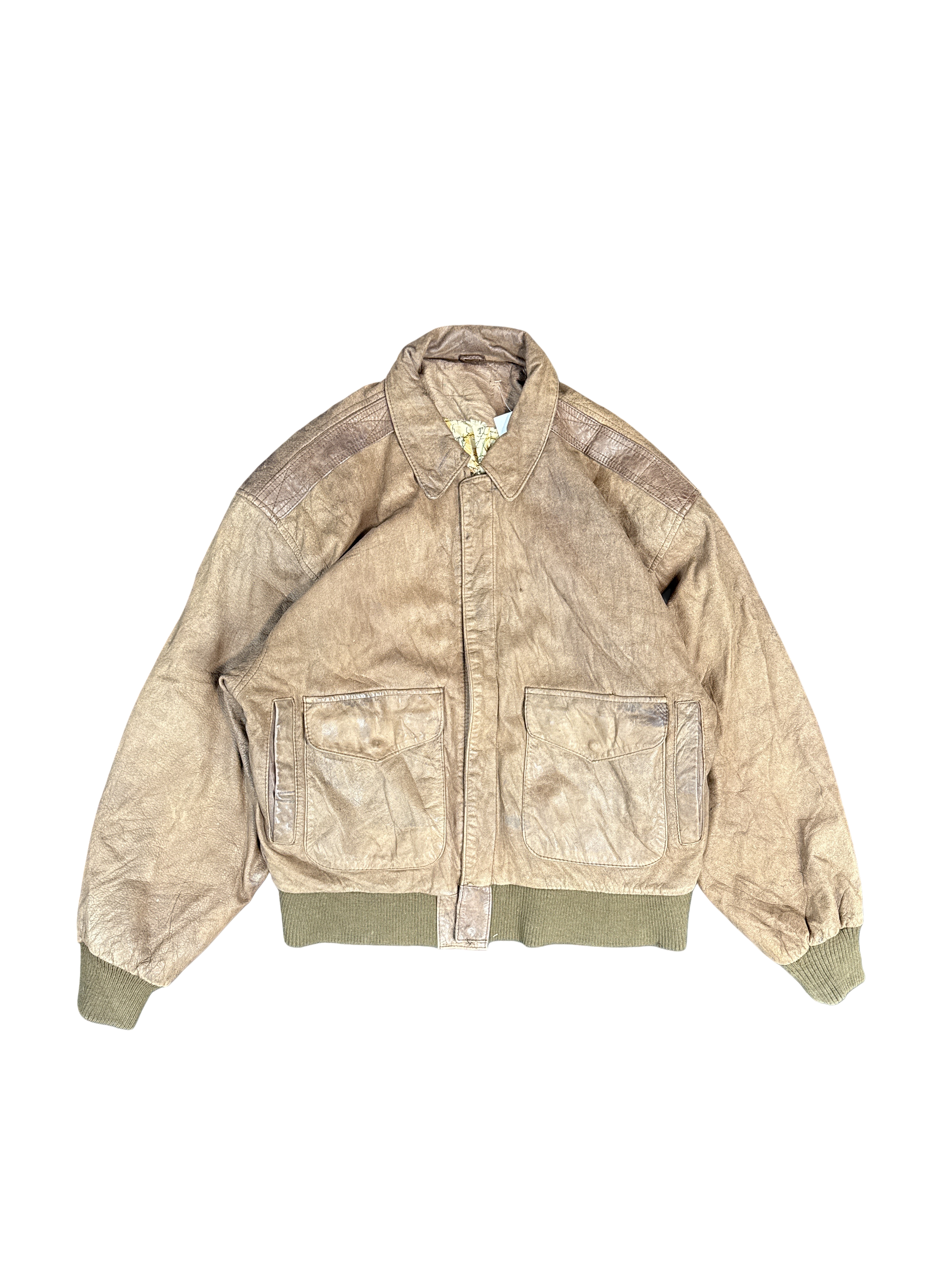 Retro Brown Leather Bomber Jacket (L)