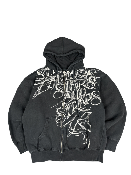Y2K Famous Stars & Straps Black Script Zip Hoodie (M)