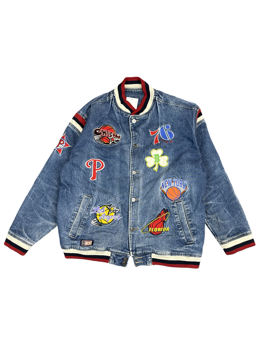 Vintage 1970s Sports Patch Denim Varsity Jacket (XL)