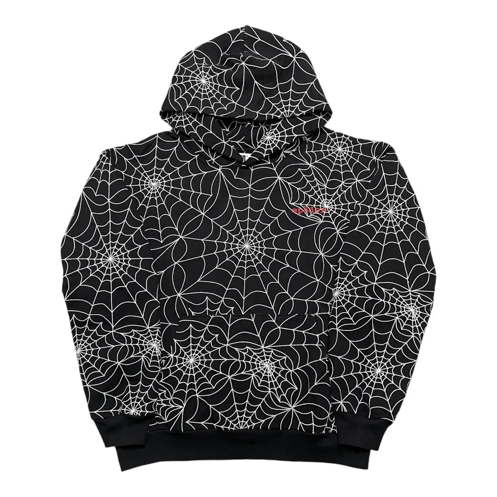 Sp5der Embroidered Black AOP Hoodie